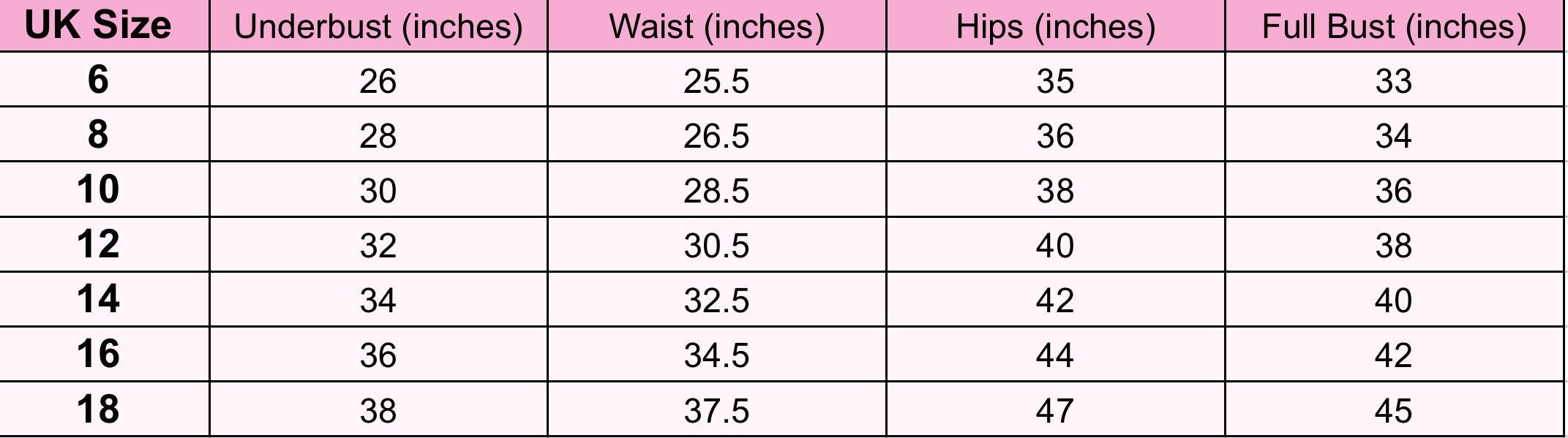 Table showing UK size chart with measurements for underbust, waist, hips, and full bust.