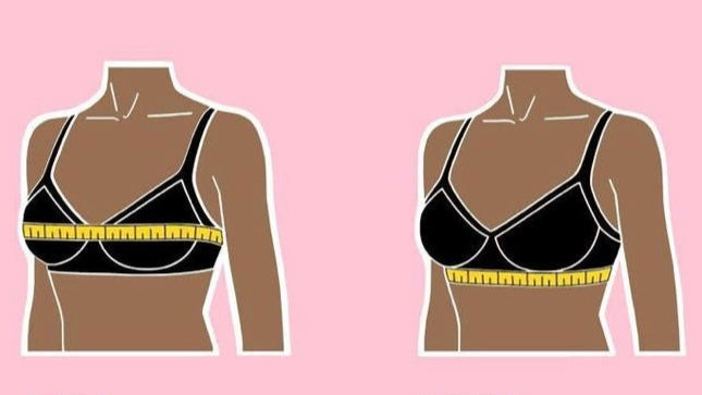 Instructions on how to measure full bust and underbust with a tape measure on a pink background.