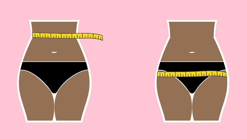 Illustration of two bodies with measuring tapes around their waists on a pink background